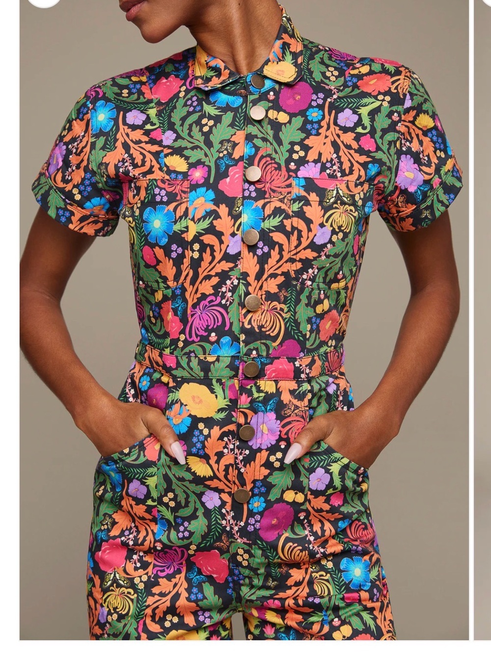 Multicolor Floral Short-Sleeve Button-Front Jumpsuit - Picture 2 of 3